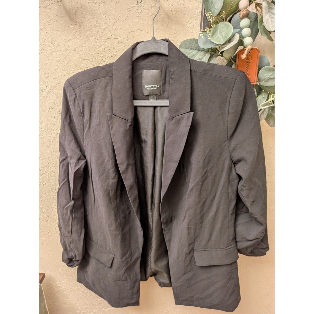 Simply Vera Vera Wang Womens Black Open Front Ruched Sleeve Blazer Jacket Size M